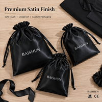 Pochette en satin de soie noire personnalisée avec cordon de serrage, pochette pour extensions de cheveux avec logo personnalisé pour cadeaux