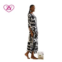 Robe Boubou Africaine à Manches Longues, Noire et Blanche, Coupe Ample, Imprimé Tribal, Ceinturée, Col en V, Grande Taille, Robe d'Été Élégante pour Femme