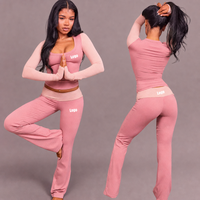 Nouveautés pour femmes, ensemble Y2k 2 pièces, ensemble de yoga contrasté bicolore, haut à manches longues, pantalon évasé, ensemble décontracté, vêtements de sport, survêtement