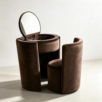 Ensemble coiffeuse moderne en velours et bois massif avec miroir rond rabattable et tabouret, idéal pour chambre d'hôtel, plusieurs couleurs disponibles