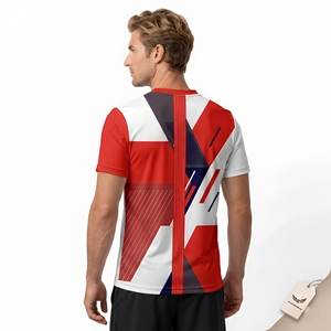 T-shirt à manches courtes pour homme, motif géométrique rouge et blanc, sublimation, coupe classique, séchage rapide, sportif, col rond, tricoté en polyester - Product Image 4