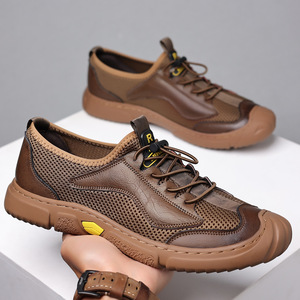 Men's Breathable Mesh <b>Sneakers</b> Soft <b>Leather</b> Low Heel Rubber Outsole Leisure Walking Shoes - Product Image 1