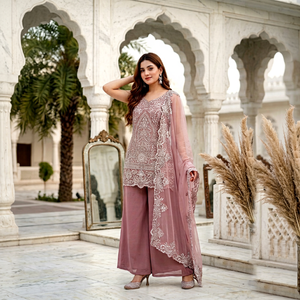 Conjunto de traje palazzo bordado de georgette pesado para mujer con dupatta de red suave |   Ropa Étnica para Fiestas |   Fabricante Mayorista - Product Image 1