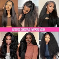 Nueva Moda Peluca de Cabello Humano Virgen Remy Kinky Liso con Encaje Frontal sin Pegamento, Peluca Completa con Encaje Frontal HD