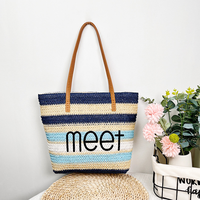 Sac fourre-tout en paille crochetée à rayures arc-en-ciel, broderie lettre, sac de plage à bandoulière grande capacité pour femme, cadeaux d'été