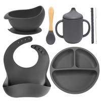 Logo imprimé 6 pièces ensemble bébé dîner alimentation couverts bol d'aspiration assiette divisée Silicone bébé bavoir et tasse avec ensemble de paille