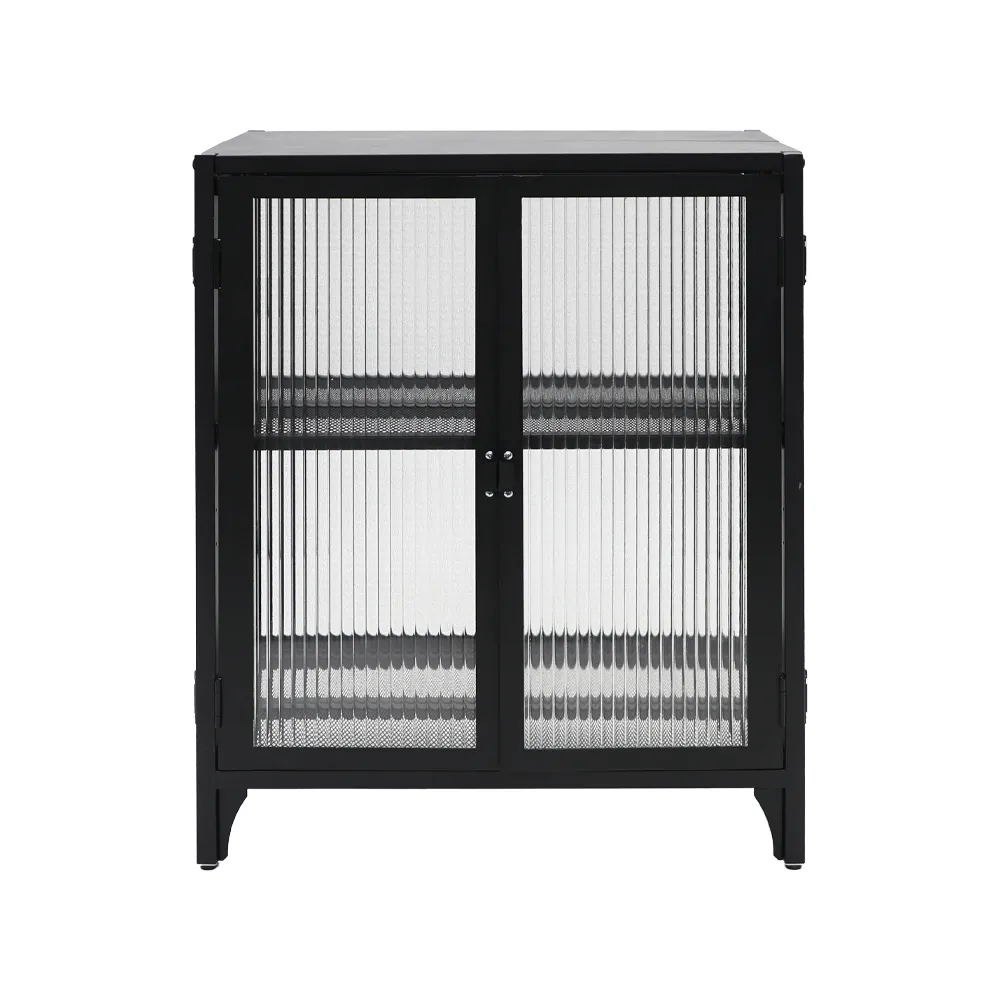 Contemporary Metal Cupboard Iron Sideboard with Glass Door Living Room Storage Cabinet Can be Folded