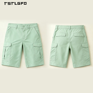 Pantalones Cortos Personalizados para Hombre, Corte Recto, Mezcla de Poliéster y Algodón, Verde Menta, Costuras en Contraste, para Verano, Casual - Product Image 3