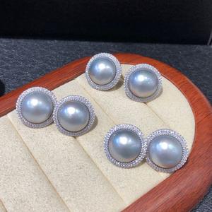 Pendientes de perlas de Tahití de plata S925 chapados en platino, pendientes redondos de 16mm con halo de diamantes para mujer, joyería de boda de lujo - Product Image 4