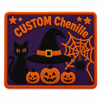 Parche Bordado de Chenilla y PVC Termoadhesivo 3D de Halloween con Diseño de Sombrero de Bruja, Gato Negro, Calabaza, Telaraña y Flor para Sombreros, Chaquetas, Bolsos y Personalización