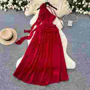 Vestido Midi Casual Elegante 2024 para Mujer, Sin Mangas, Estilo Imperio, con Encaje 3D, Color Rojo - Product Image 1