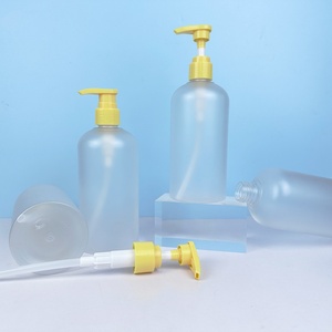 In Stock PET 400ml Transparent Matte Round Lotion Shampoo Plastic <b>Bottle</b> with Yellow <b>Pump</b> Cap - Product Image 5