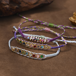 Bracelet tressé en corde cirée avec zircon coloré, style rétro élégant français, chic parisien vintage, bohème, tissé à la main, Purlseras - Product Image 3