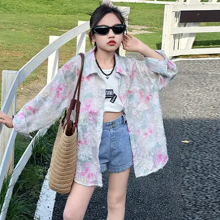 2024 New Summer Kids Girl Floral Long Sleeved Thin Sunscreen Blouse 5-15 Years