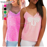Débardeur à bretelles personnalisé avec nœud Camisole rose d'été col en V bretelles spaghetti haut caraco à paillettes scintillantes pour femmes