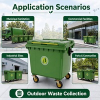 Poubelle commerciale en plastique HDPE de 660 L, robuste, à 4 roues avec couvercles, bac à déchets mobile écologique