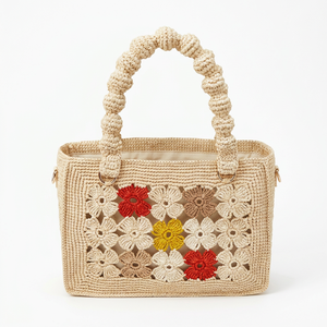 Sac fourre-tout bohème en raphia pour femme, motif floral ajouré, deux poignées, fermeture éclair, écologique, tendance, usage quotidien - Product Image 3