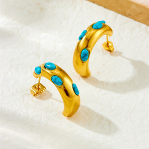 Geometric <b>Turquoise</b> <b>Stud</b> <b>Earrings</b> Stainless Steel Micro Insert Everyday Wear - Product Image 3