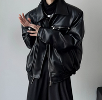 Veste bomber unisexe décontractée d'hiver surdimensionnée en similicuir PU noir de haute qualité, personnalisable en gros, avec plusieurs fermetures éclair et col à revers