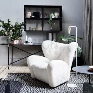 Europese Luxe Witte Nep Schapenstoel Stoel Fauteuil Stof Schapenhuid Lounge Bont Pluche Achterkant Boucle Accent Stoel