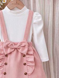 Herfst-winter 2026 kindermeisjes boutique kleding pofmouw geribbelde top <span class=keywords><strong>corduroy</strong></span> strik bretelsrok 2-delig Koreaans babykleding - Product Image 3