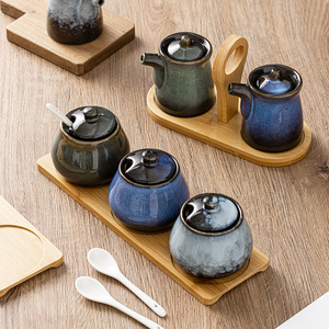 Sứ gia vị jar, gia vị gốm container với nắp muỗng và khay tre, muối đường hạt tiêu gia vị chậu hộp Set của 3 - Product Image 3