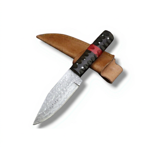 Cuchillo de Caza de Hoja Fija de Acero de Damasco Hecho a Mano, Punta Caída, Filo Recto, con Funda de Cuero, Cuchillo Utilitario EDC - Product Image 1