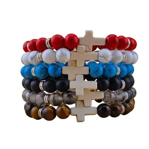 Klassisches handgefertigtes schönes Jasper-Edelstein-Reifkreuz-Perlen-Armband für Herren christlich 8mm Naturstein Perlen-Kreuz-Armband