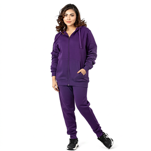<b>Women's</b> Eco-Friendly 100% Cotton <b>Purple</b> Fleece Hooded <b>Tracksuit</b> 2-Piece Set Full-Length Casual Sportswear Regular Fit Solid - Product Image 1