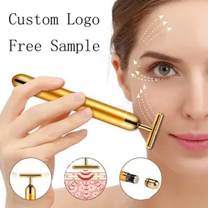 Rolo de massagem facial com logotipo personalizado, barra de beleza energética em forma de T dourada 24K, rolo facial vibratório elétrico anti-idade para massagem da pele