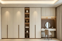 Armoire dressing moderne sur mesure avec cadre en bois, portes en panneaux de particules, éclairage LED, rangement, écologique, durable, assemblée