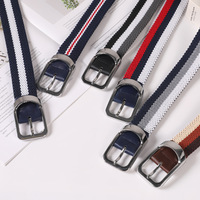 Ceinture unisexe extensible tressée en tissu extensible avec garniture en cuir, ceinture de golf décontractée à rayures avec boucle en alliage