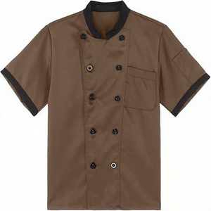 Veste de chef marron personnalisée pour homme, manches courtes, double boutonnage, col noir, uniforme professionnel de cuisine de restaurant, vente en gros - Product Image 4