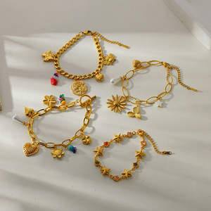 Pulsera de Acero Inoxidable Chapada en Oro para Mujer al por Mayor con Dijes de Concha, Corazón, Estrella de Mar y Perla, Cadena de Eslabones, Joyería para Fiesta - Product Image 1