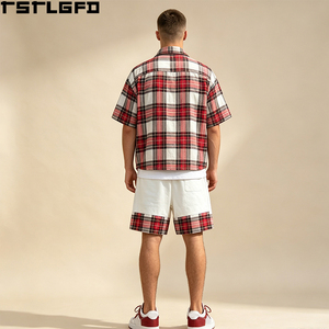 Cut And <b>Sew</b> Plaid Shirt <b>Set</b> Heavyweight Red White Checkered Top Panelled Shorts Streetwear Two Piece Co-Ord Bulk - Product Image 4