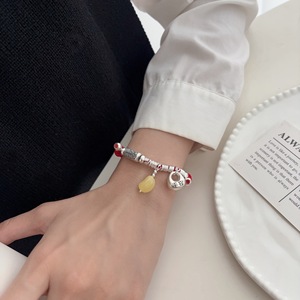 999 Pure Silver <b>Red</b> Rope Charm <b>Bracelet</b> With Natural Stone Pendant For Good Luck And Peace Unisex Everyday Wear - Product Image 4
