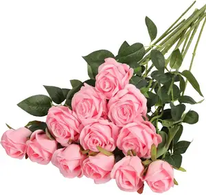 24PCS कृत्रिम गुलाब फूल एकल लंबे स्टेम खिलता गुलाब की कलियों के साथ शादी की सजावट दुल्हन गुलदस्ता सजावटी फूल