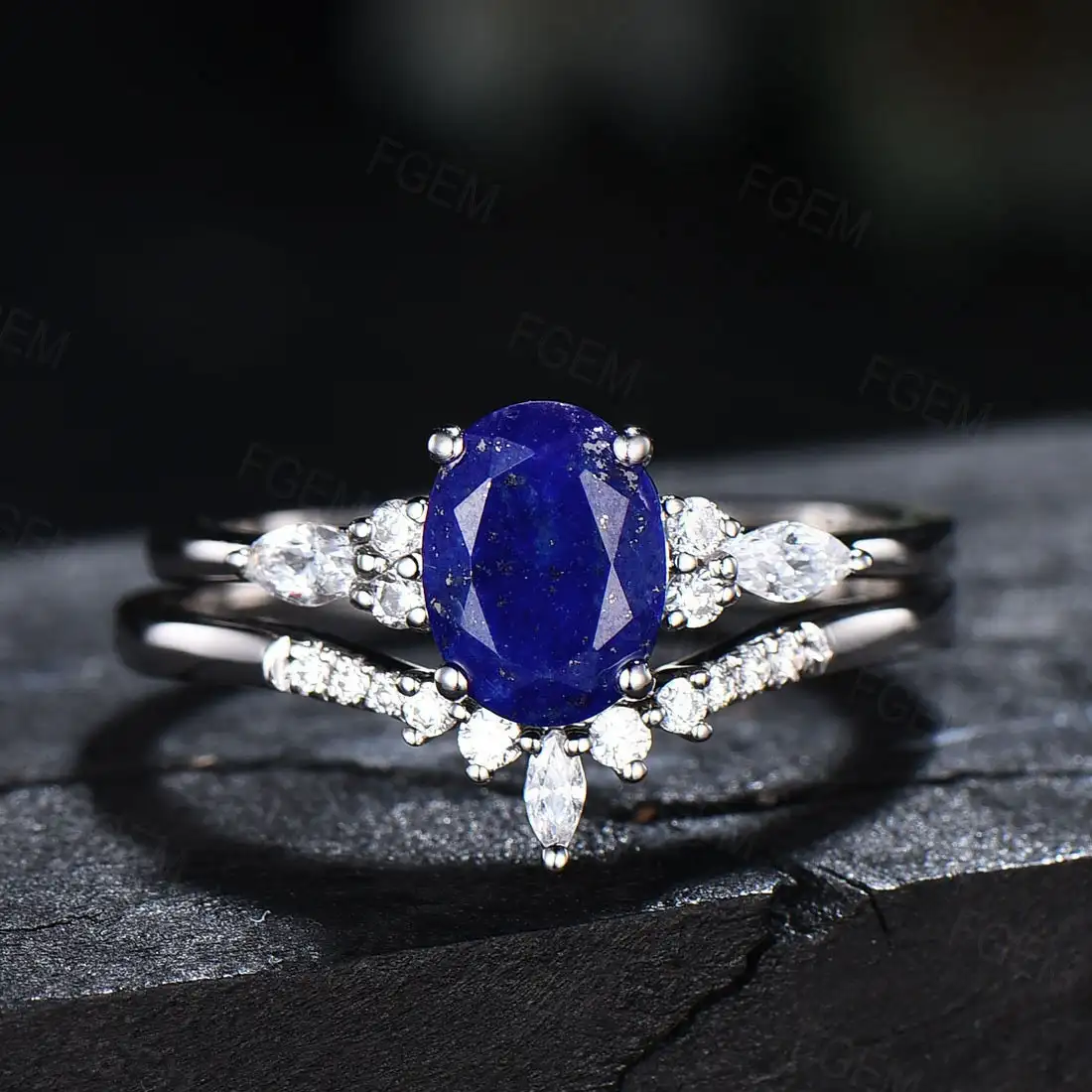 Oval Cut Natural Lapis Lazuli Ring Set Sterling Silver Womens Real Lapis CZ Wedding Ring Set
