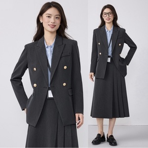 Women's Professional Suit Set Gray Double-Breasted Jacket Midi Skirt Formal Workwear Anti-Wrinkle Polyester Fabric - Product Image 1