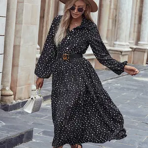 Cross Border New Design Ladies Elegant Puff Long Sleeve Slim Ruched Black Polka Dot Flare Midi Shirt Dress