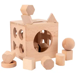 Grosir kayu besar blok kubus-Mainan Menarik Anak-anak Kayu 17 Lubang Kayu Beech Bentuk Geometris Cocok Mainan Kotak Intelijen Klasifikasi Warna