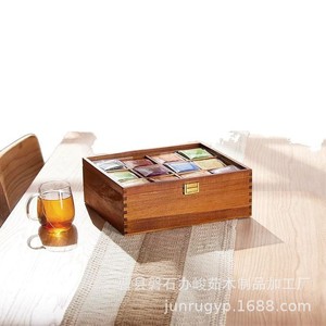 Boîte de rangement rectangulaire en bois pour sachets de thé, compartimentée, avec couvercle en verre, pour emballage de thé, café, capsules et bijoux - Product Image 5