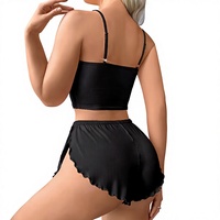 Women 2-Piece Lounge Set Knitted Sleeveless Crop Top High Rise Shorts Solid Black Spring Summer Casual Breathable Sexy Front