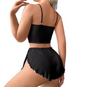 Women 2-Piece Lounge Set Knitted Sleeveless Crop Top High Rise Shorts Solid Black Spring Summer Casual Breathable Sexy Front - Product Image 2