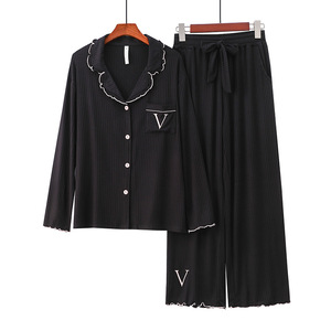 PJ-053 Conjunto de Pijama de Modal Tejido para Mujer, Manga Larga, Cuello Camisero, Rayas Anchas, Corte Holgado, Ropa de Dormir para Otoño e Invierno, Dos Piezas - Product Image 6