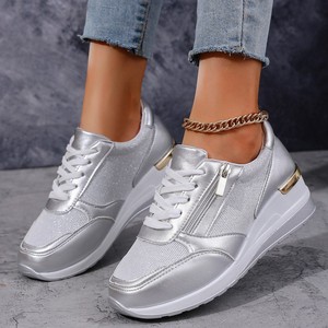 Baskets compensées pour femmes avec fermeture éclair latérale et paillettes, chaussures de marche décontractées - Product Image 1