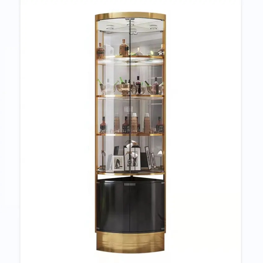 Modernes Wohnzimmer Edelstahl Metallrahmen Wein vitrine Luxus Glas Eck bar Weins chrank WB001