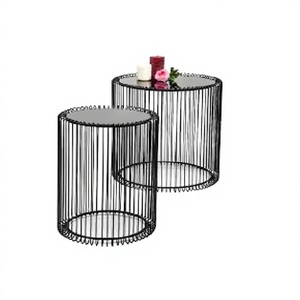 Modern <b>Round</b> Wire <b>Console</b> <b>Table</b> with Glass Top Black Metal Accent Side <b>Table</b> Set for Living Room Apartment Hotel - Product Image 1