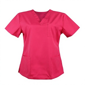 Women's Pink V-Neck <b>Scrub</b> <b>Top</b> with Pockets Hospital Uniform Woven Fabric Polyester Material - Product Image 1