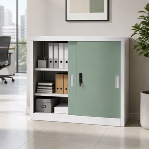 Weißer Niedriger Stahlaufbewahrungsschrank mit Salbeigrünen Schiebetüren, Verstellbaren Regalen und Schloss für Büro und Zuhause - Product Image 1